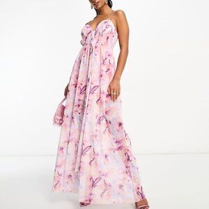 ASOS DESIGN Petite Cami Mesh Maxi Dress w/ Sash – US 4 (Floral / Pink)